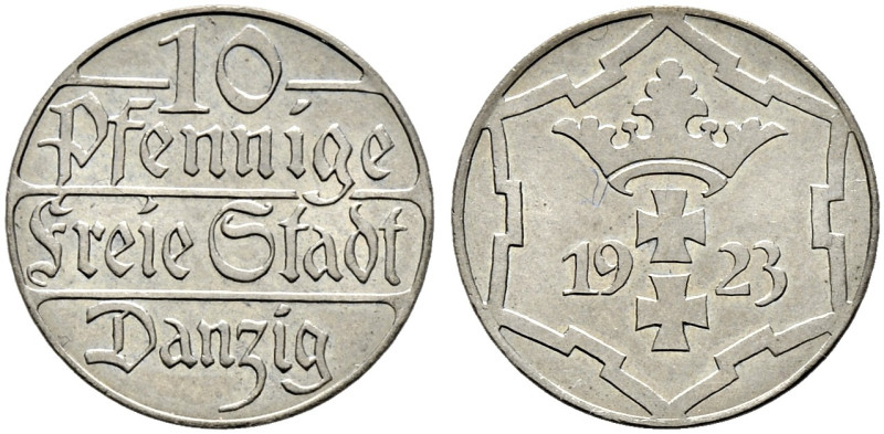 Nebengebiete. DANZIG. 

10 Pfennig 1923. J. D 5. sehr selten in dieser Erhaltu...