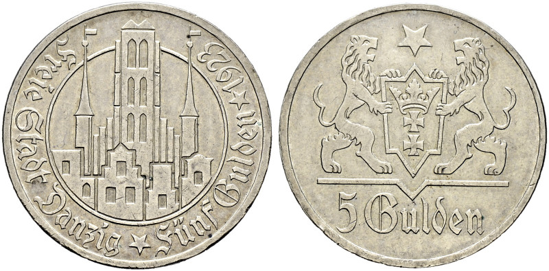 Nebengebiete. DANZIG. 

5 Gulden 1923. Marienkirche. J. D 9. minimale Randfehl...