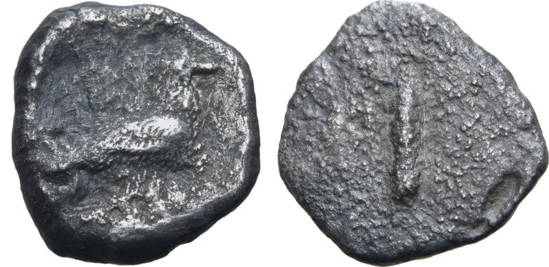 Etruria, Populonia AR Unit. 4th - 3rd century BC. Eagle with closed wings standi...
