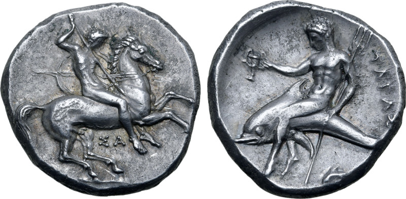 Calabria, Tarentum AR Nomos. Circa 315-300 BC. Sa-, magistrate. Nude rider on ho...