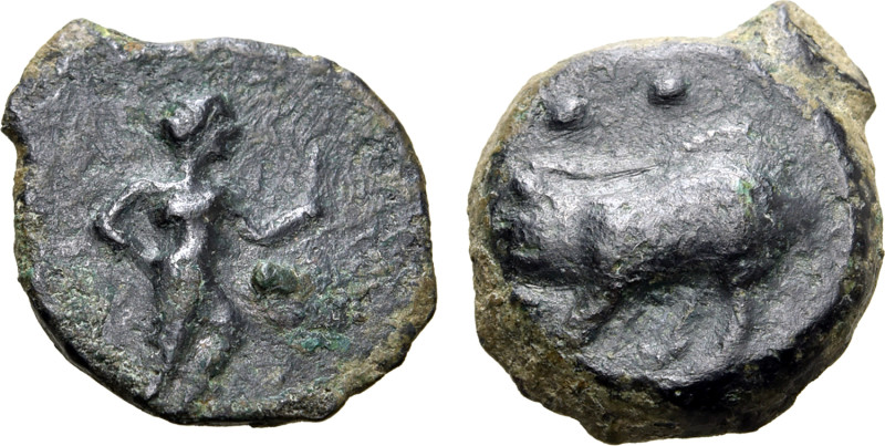 Sicily, Halykiai(?) Æ Hexas or Dionkion. Circa 420-409/8 BC. Dionysos (or poet S...