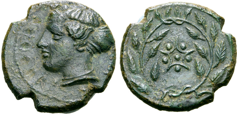 Sicily, Himera Æ Hemilitron. Circa 415-409 BC. Female head to left, wearing sphe...