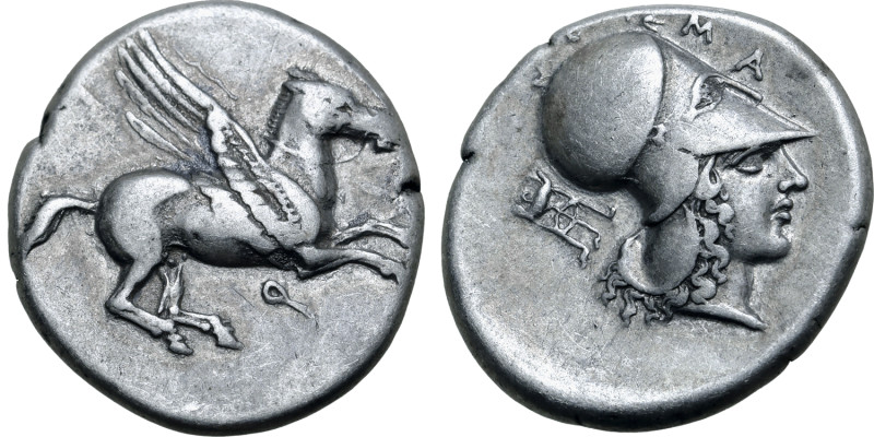 Corinthia, Corinth AR Stater. Circa 400-375 BC. Pegasos flying to right, Ϙ below...