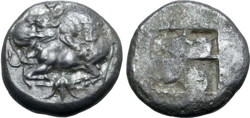 Macedon, Akanthos AR Tetradrachm. Circa 500-480 BC. Bull collapsing to left, hea...