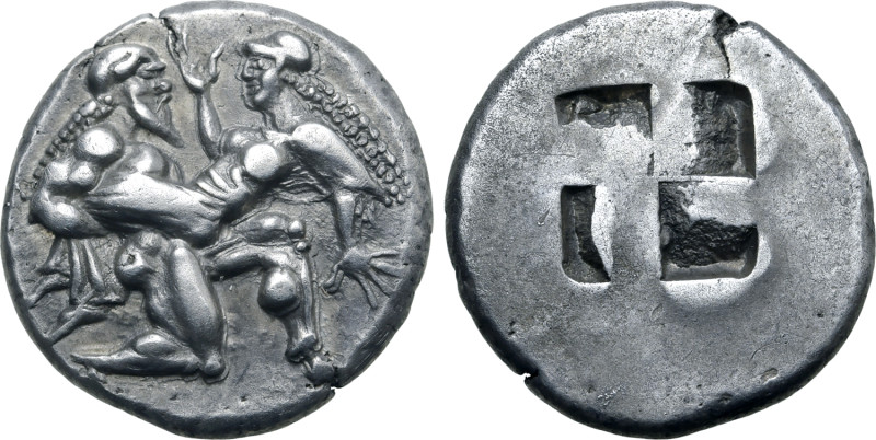 Islands off Thrace, Thasos AR Stater. Circa 500-480 BC. Nude satyr in kneeling-r...