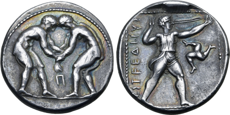 Pamphylia, Aspendos AR Stater. Circa 380-330 BC. Two wrestlers grappling; Π betw...