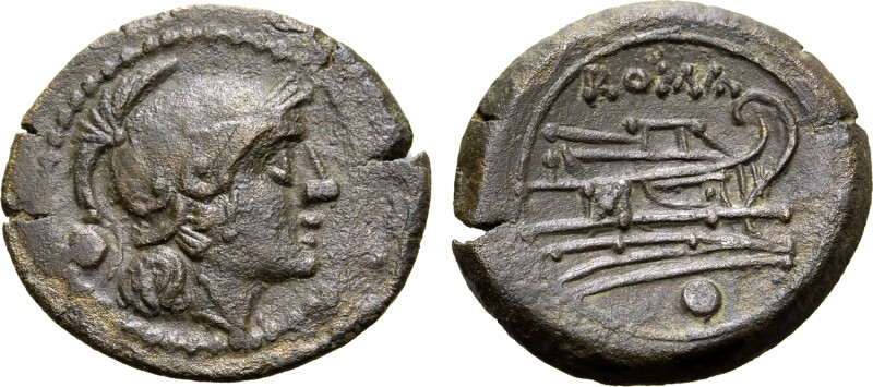 Anonymous Æ Uncia. Rome, after 211 BC. Helmeted head of Roma to right; • (mark o...