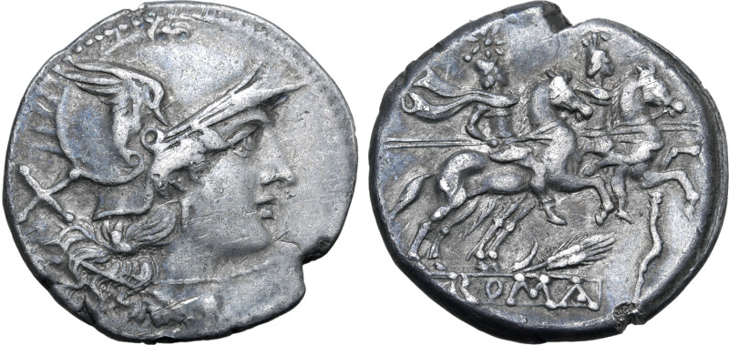 Corn-Ear and Crooked Staff Series AR Denarius. Sicilian mint, 209-208 BC. Helmet...