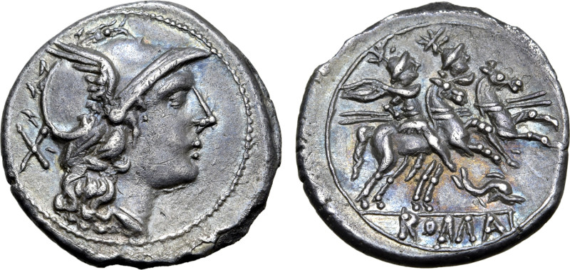 Dolphin Series AR Denarius. Sicilian mint, 209-208 BC. Helmeted head of Roma to ...