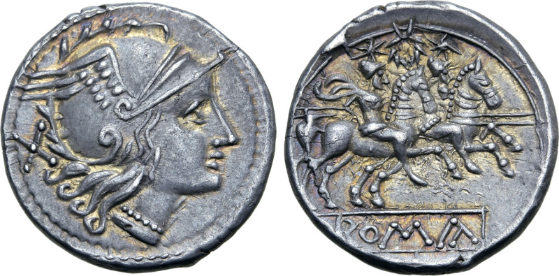 Wreath Series AR Denarius. Uncertain mint, 211-208 BC. Helmeted head of Roma to ...