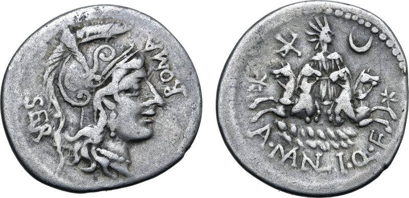 A. Manlius Q. f. Sergianus AR Denarius. Rome, 118-107 BC. Helmeted head of Roma ...