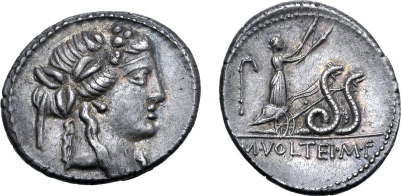 M. Volteius M. f. AR Denarius. Rome, 78 BC. Head of Bacchus to right, wearing iv...