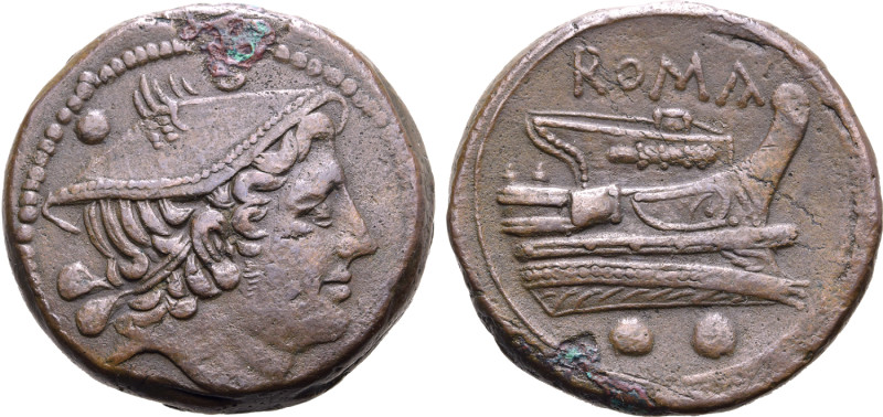 Anonymous Æ Sextans. Semilibral standard. Rome, 217-215 BC. Head of Mercury to r...