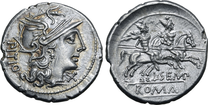 L. Sempronius Pitio AR Denarius. Rome, 148 BC. Helmeted head of Roma to right; P...