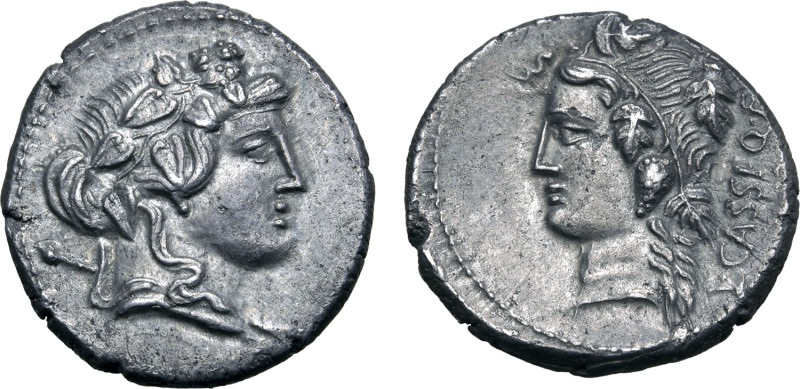 L. Cassius Q. f. Longinus AR Denarius. Rome, 78 BC. Head of Liber (or Bacchus) t...