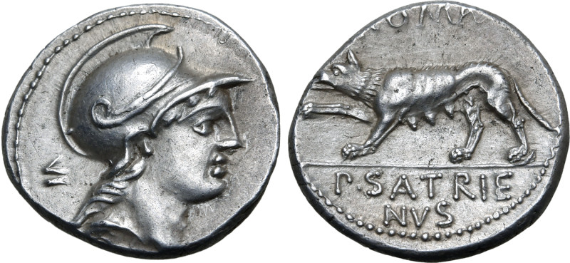 P. Satrienus AR Denarius. Rome, 77 BC. Helmeted head of Roma to right; VI (contr...