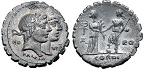 Q. Fufius Kalenus and Mucius Cordus AR Serrate Denarius.