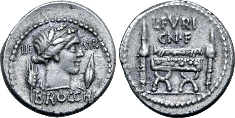 L. Furius Brocchus AR Denarius. Rome, 63 BC. Wreathed and draped bust of Ceres t...