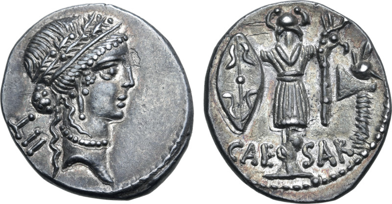 Julius Caesar AR Denarius. Military mint travelling with Caesar, 48-47 BC. Diade...