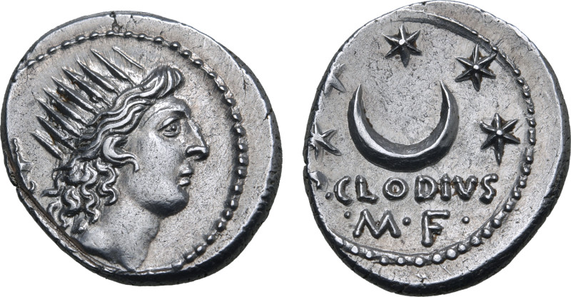 P. Clodius M. f. Turrinus AR Denarius. Rome, 42 BC. Radiate head of Sol to right...