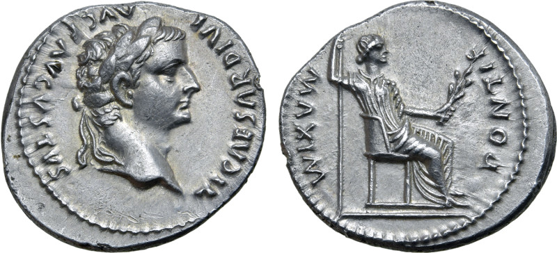 Tiberius AR Denarius. Lugdunum, AD 14-37. TI CAESAR DIVI AVG F AVGVSTVS, laureat...