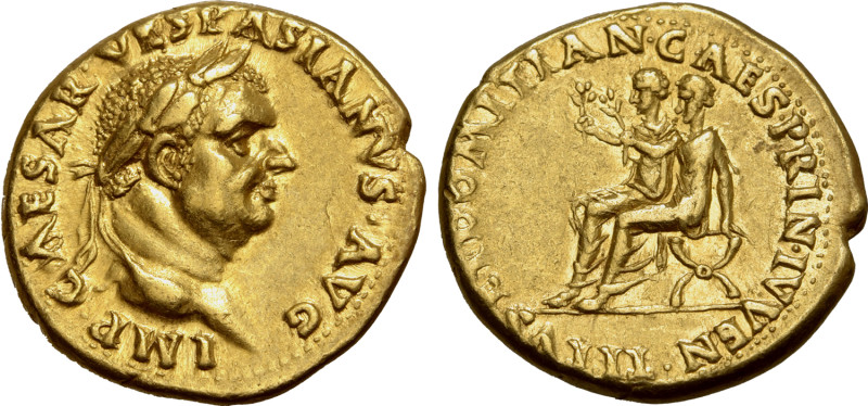 Vespasian AV Aureus. Lugdunum, AD 71. IMP CAESAR VESPASIANVS AVG, laureate head ...