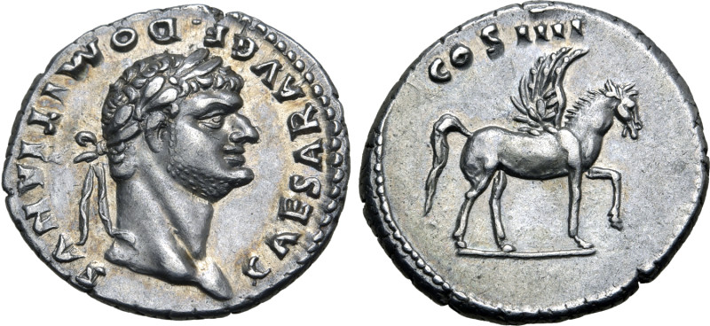 Domitian, as Caesar, AR Denarius. Rome, AD 76-77. CAESAR AVG F DOMITIANVS, laure...