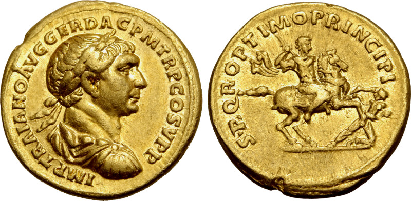 Trajan AV Aureus. Rome, AD 104-107. IMP TRAIANO AVG GER DAC P M TR P COS V P P, ...