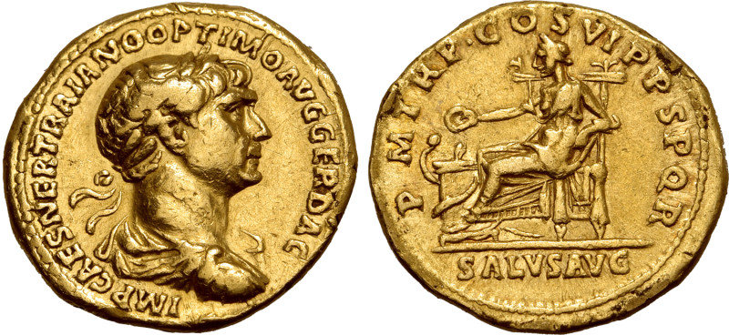 Trajan AV Aureus. Rome, AD 114-116. IMP CAES NER TRAIANO OPTIMO AVG GER DAC, lau...