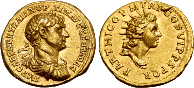 Trajan AV Aureus. Rome, AD 116-117. IMP CAES NER TRAIAN OPTIM AVG GERM DAC, laur...