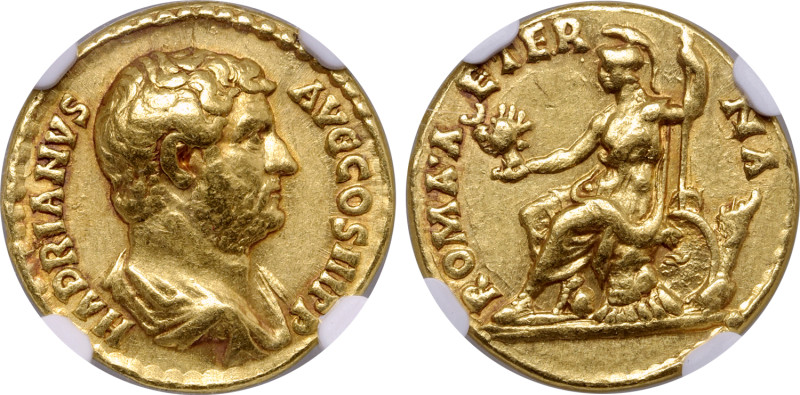 Hadrian AV Aureus. Rome, AD 136. HADRIANVS AVG COS III P P, bare-headed and drap...