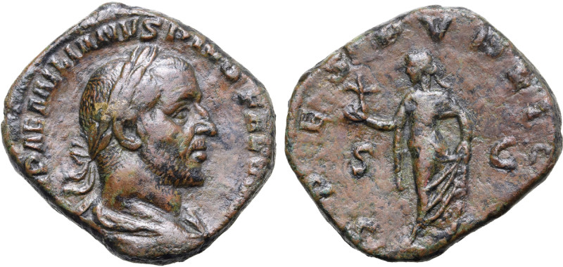 Aemilian Æ Sestertius. Rome, AD 253. [IM]P AEMILIANVS PIVS FEL [AVG], laureate, ...