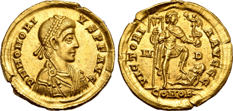 Honorius AV Solidus. Mediolanum, AD 394-395. D N HONORIVS P F AVG, pearl-diademe...