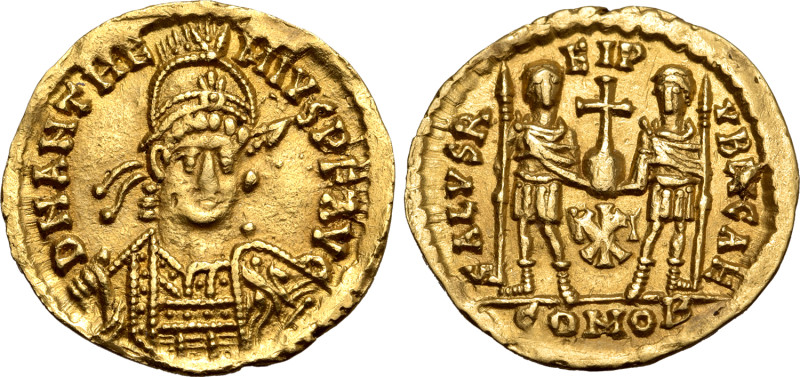 Anthemius AV Solidus. Rome, AD 468. D N ANTHEMIVS P F AVG, pearl-diademed, helme...