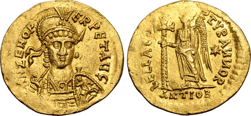 Zeno AV Solidus. Antioch, AD 475-476. D N ZENO PERPET AЧϚ, pearl-diademed, helme...