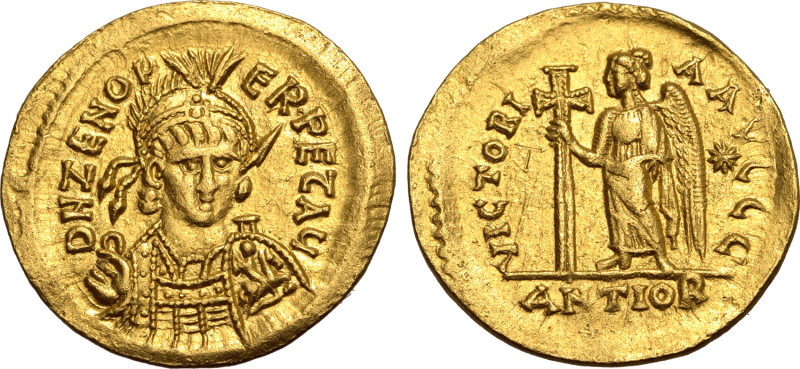 Zeno AV Solidus. Antioch, AD 475-476. D N ZENO PERPEƮ AЧ, pearl-diademed, helmet...