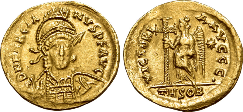 Marcian AV Solidus. Thessalonica, AD 450-457. D N MARCIANVS P F AVG, pearl-diade...