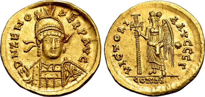Zeno AV Solidus. Constantinople, AD 476-491. D N ZENO PERP AVG, pearl-diademed, ...