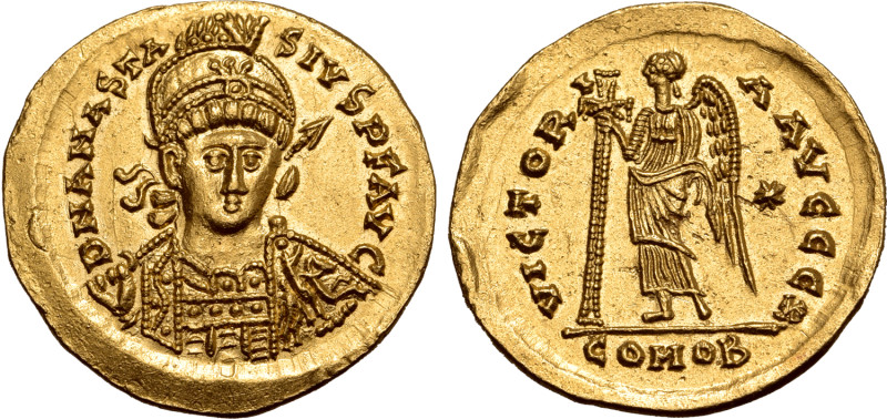 Ostrogoths, Theoderic AV Solidus. In the name of Anastasius I. Rome, AD 493-518....