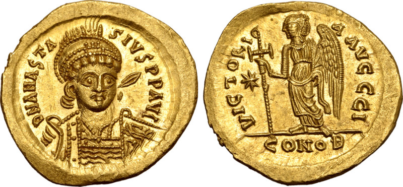 Anastasius I AV Solidus. Constantinople, AD 498-518. D N ANASTASIVS P P AVG, pea...