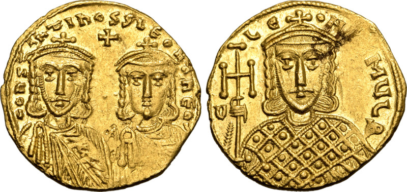 Constantine V Copronymus, with Leo IV and Leo III, AV Solidus. Constantinople, A...