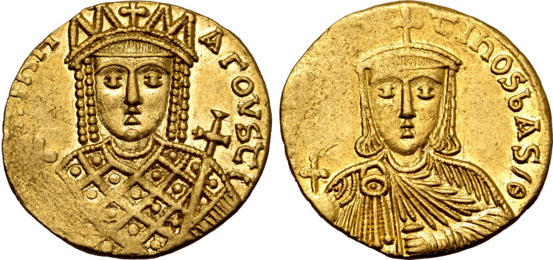 Constantine VI and Irene, AV Solidus. Constantinople, AD 793-797. IRIҺH AΓOVSƮI,...