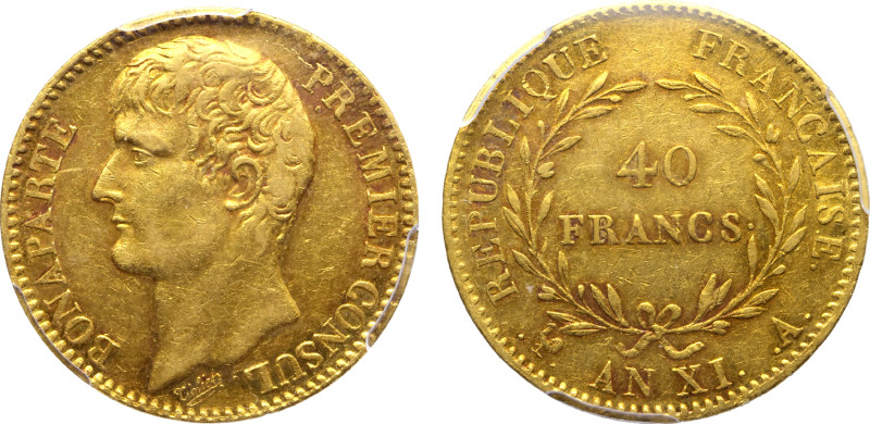 France, First Republic. Napoléon Bonaparte, as Premier Consul, AV 40 Francs. Par...