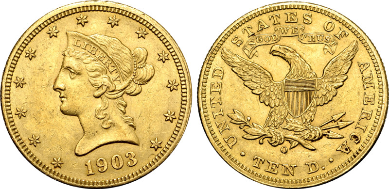United States, Liberty Head AV 10 Dollars. New Orleans mint, 1903. Draped bust o...