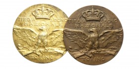 Coppia di medaglie premio del tiro a segno nazionale di Torino, Br e Ag dorato, 50mm, qFDC