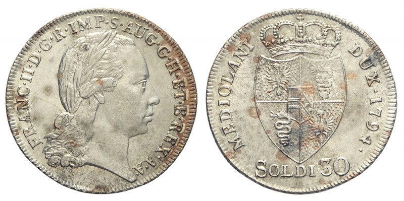 Milano, Francesco II d'Asburgo-Lorena, 30 Soldi 1794, non comune Ag mm 29 g 7,29...