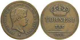 Napoli, Ferdinando II di Borbone, 3 Tornesi 1833 T/ liscio, RR Cu mm 27 g 9,53, BB