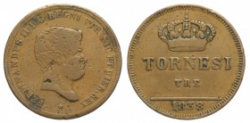 Napoli, Ferdinando II di Borbone, 3 Tornesi 1838, RRR Cu mm 27 g 9,21 millesimo estremamente raro tanto che negli ultimi 10 anni registriamo un solo e...