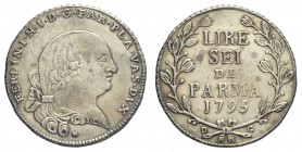 Parma, Ferdinando di Borbone, 6 Lire 1795, non comune Ag mm 28,5 g 7,31 moneta pulita altrimenti BB-SPL