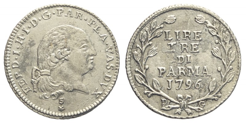 Parma, Ferdinando di Borbone, 3 Lire 1796, Rara Ag mm 24 g 3,47 moneta pulita e ...